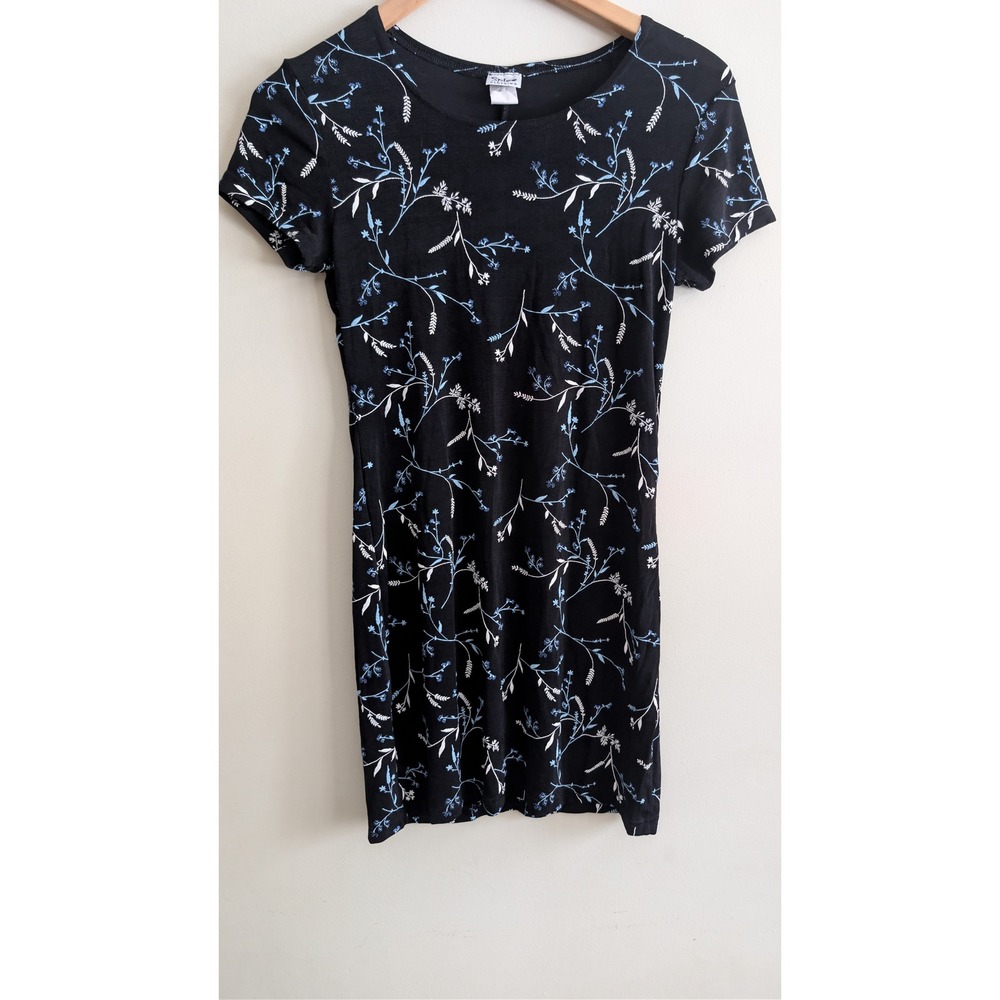 Spice Clothing Black Floral Print Short Sleeve Bodycon Dress Women sz Small 90s